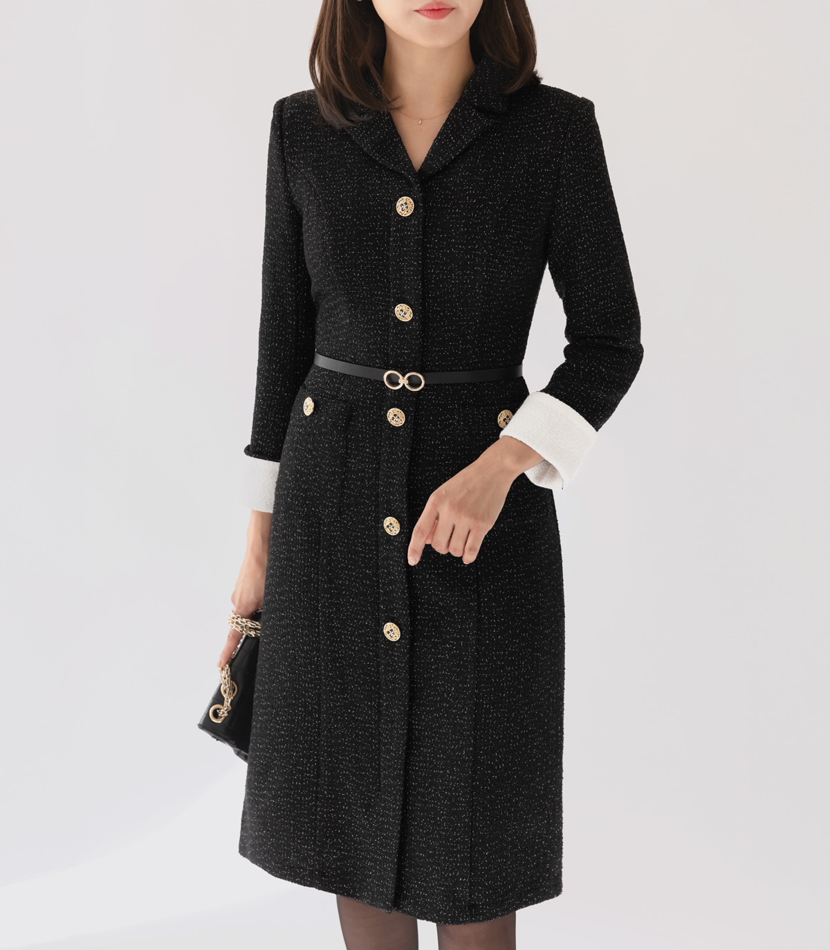 Tailored Silhouette Tweed Dress with Cufflink Detail