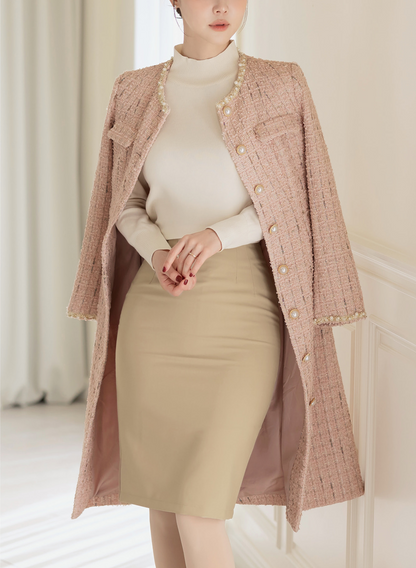 Elegant Long Tweed Jacket with Pearl Trimming