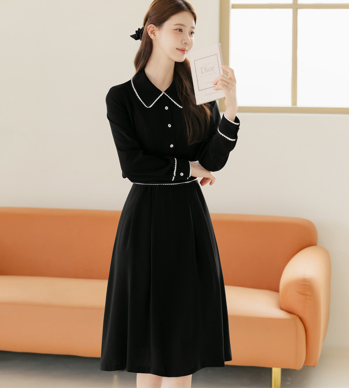 Black Flare Dress with Lace-Trimmed Collar and Enamel Button Detail
