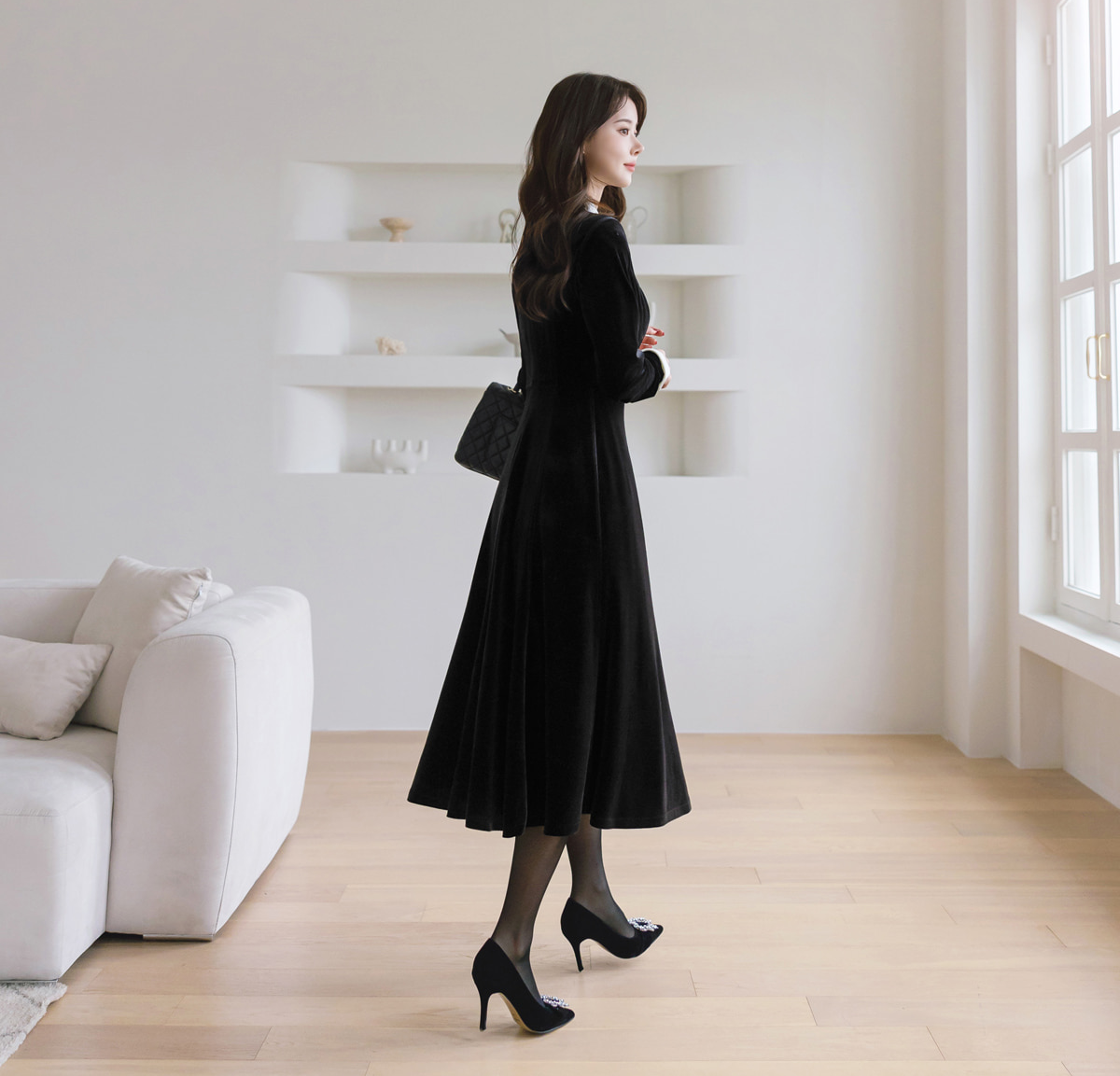 Velvet Flare Dress with Jewelry Buttons, White Collar & Cuffs