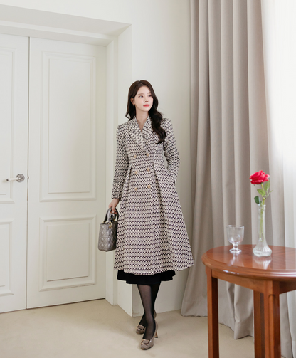 Notched Collar Double Buttons Flare Coat with Belt