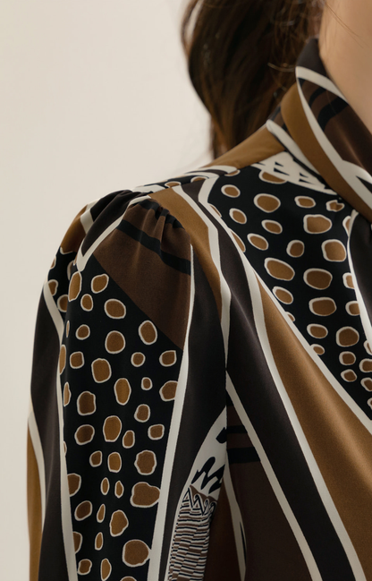 Refined Tie-Neck Blouse with an Artistic Print