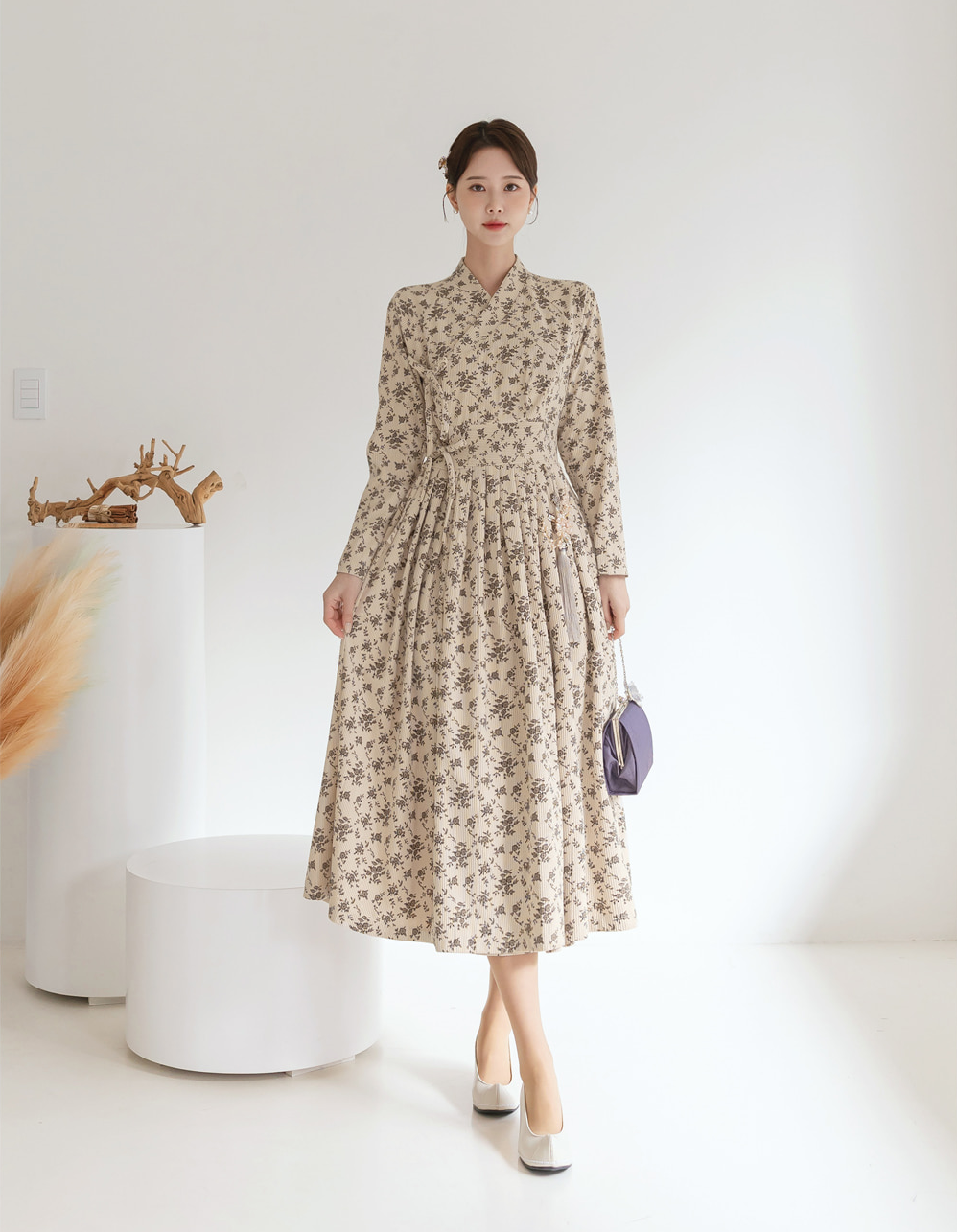 Floral Pattern Corduroy Modern Hanbok Wrap Dress