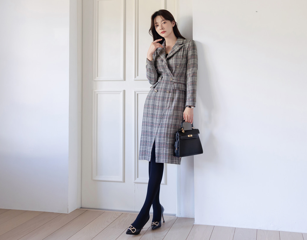 Glen Check Double-Breasted Tailored Dress