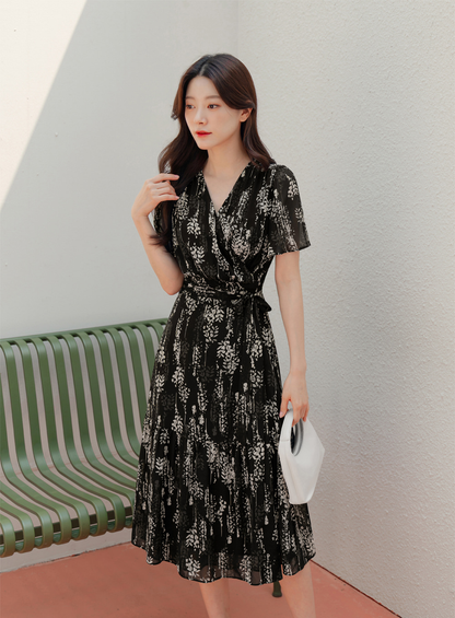 Airy Floral Chiffon Dress with a Softly Defined Wrap Waist