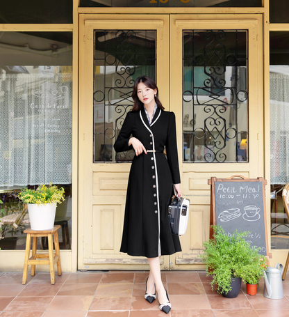 Flare Dress with Small Shawl Collar, Contrast Trim, and Button-Front Closure
