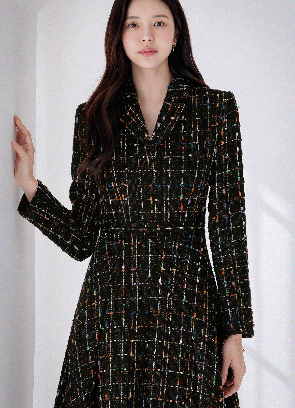 Elegant Tweed Flare Dress with Belted Waist and Gold‑Thread Detail