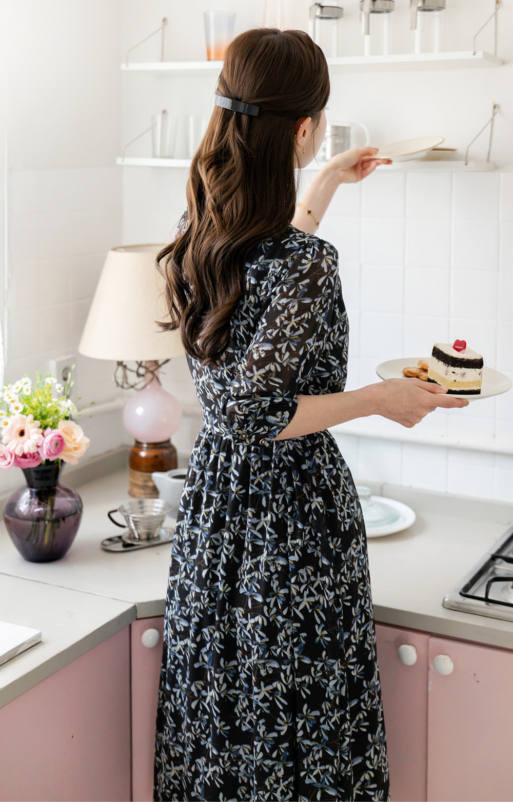 Romantic Floral Chiffon Wrap Dress with Sheer Three-Quarter Sleeves