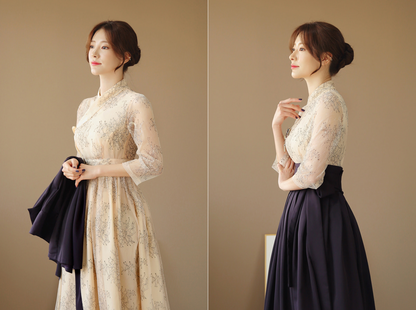 Feminine Floral Lace Modern Hanbok Wrap Dress