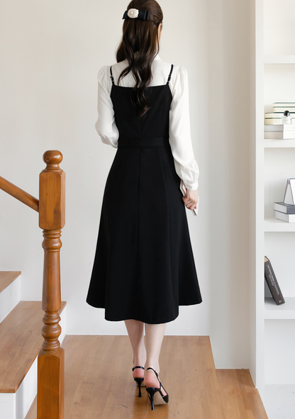 Fit-and-Flare Dress with Slim Straps, Structured Bodice, and Waist Belt
