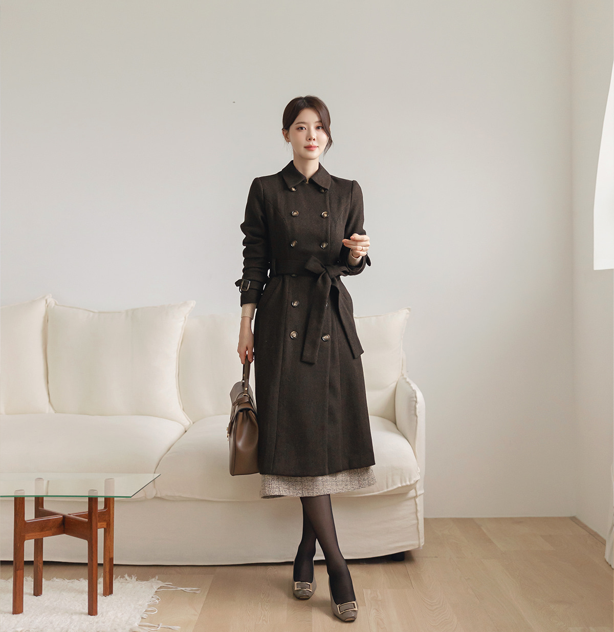 Double-Breasted Herringbone Trench Coat