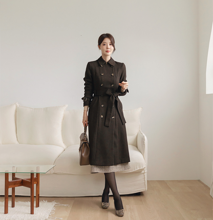 Double-Breasted Herringbone Trench Coat