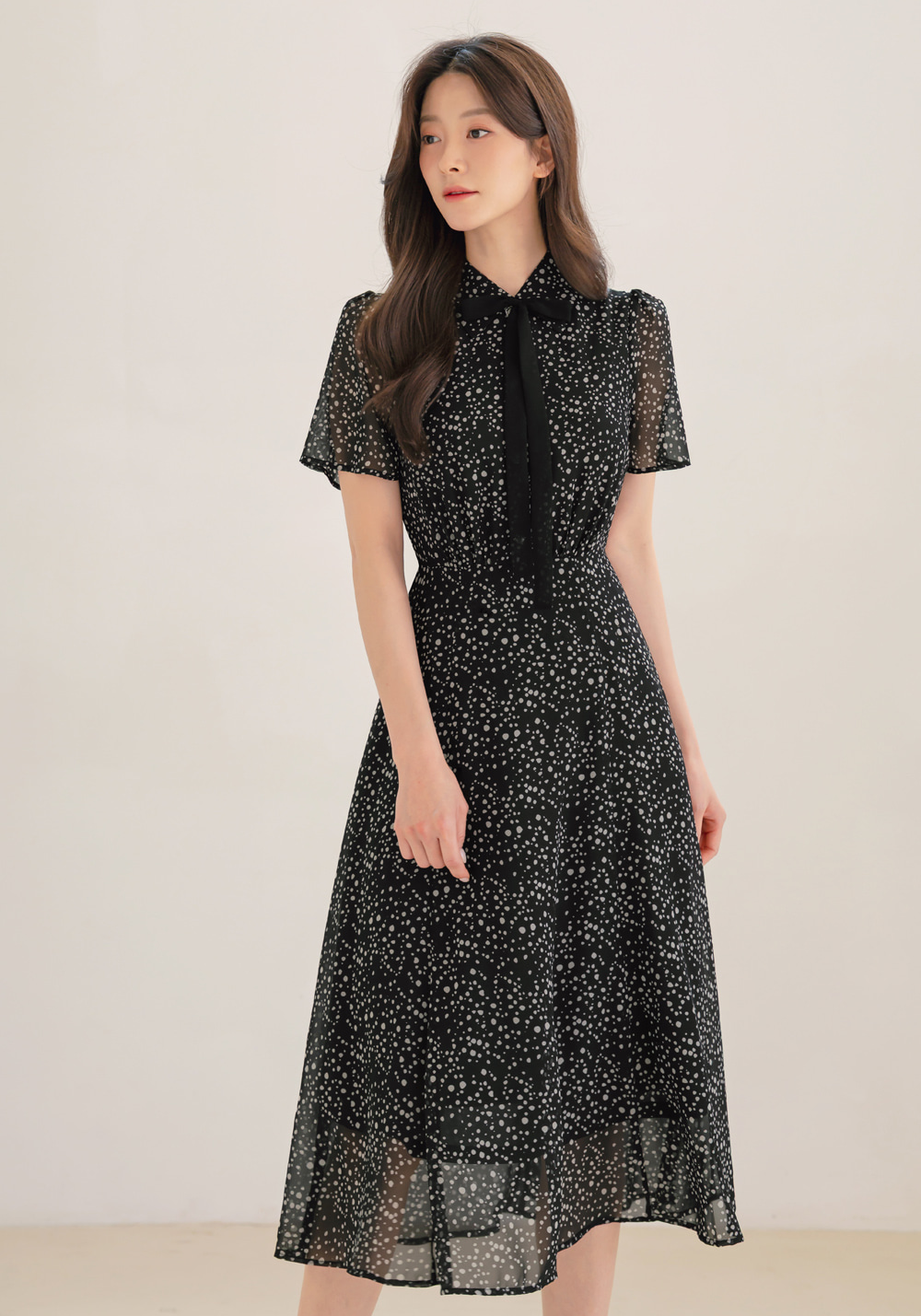 Romantic Chiffon Tie-Neck Dress with Graceful Dot Print