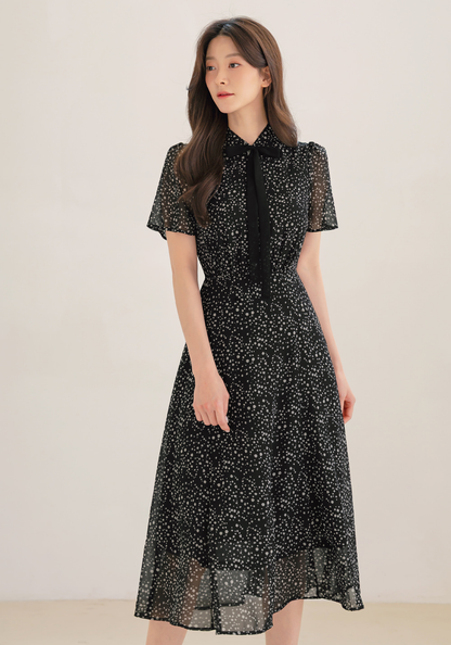 Romantic Chiffon Tie-Neck Dress with Graceful Dot Print