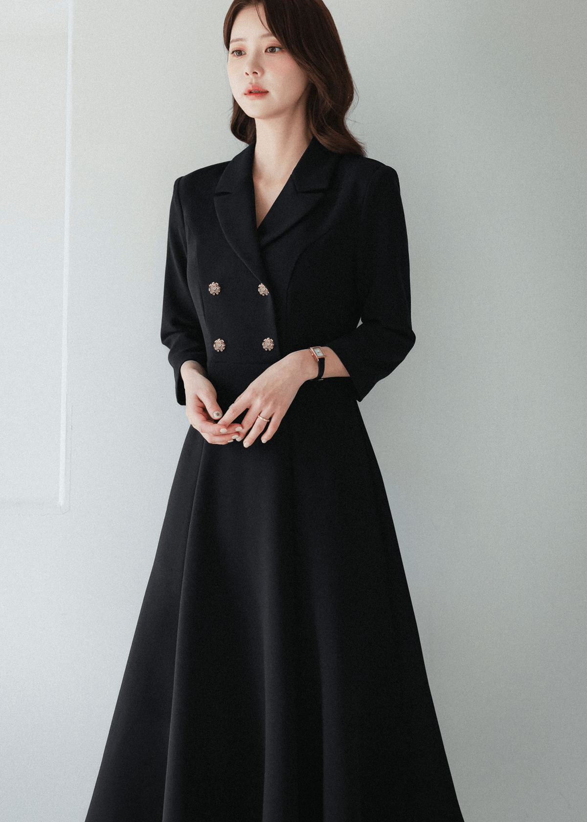 Classic black flare dress with collar and double-breasted buttons