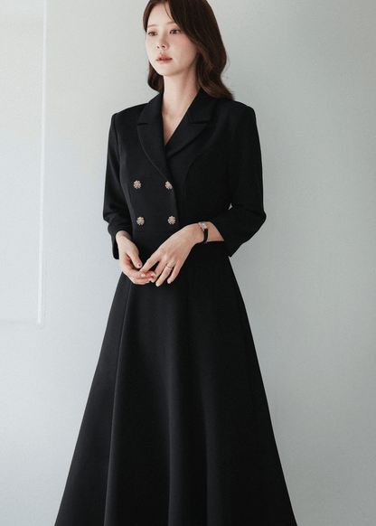 Classic black flare dress with collar and double-breasted buttons
