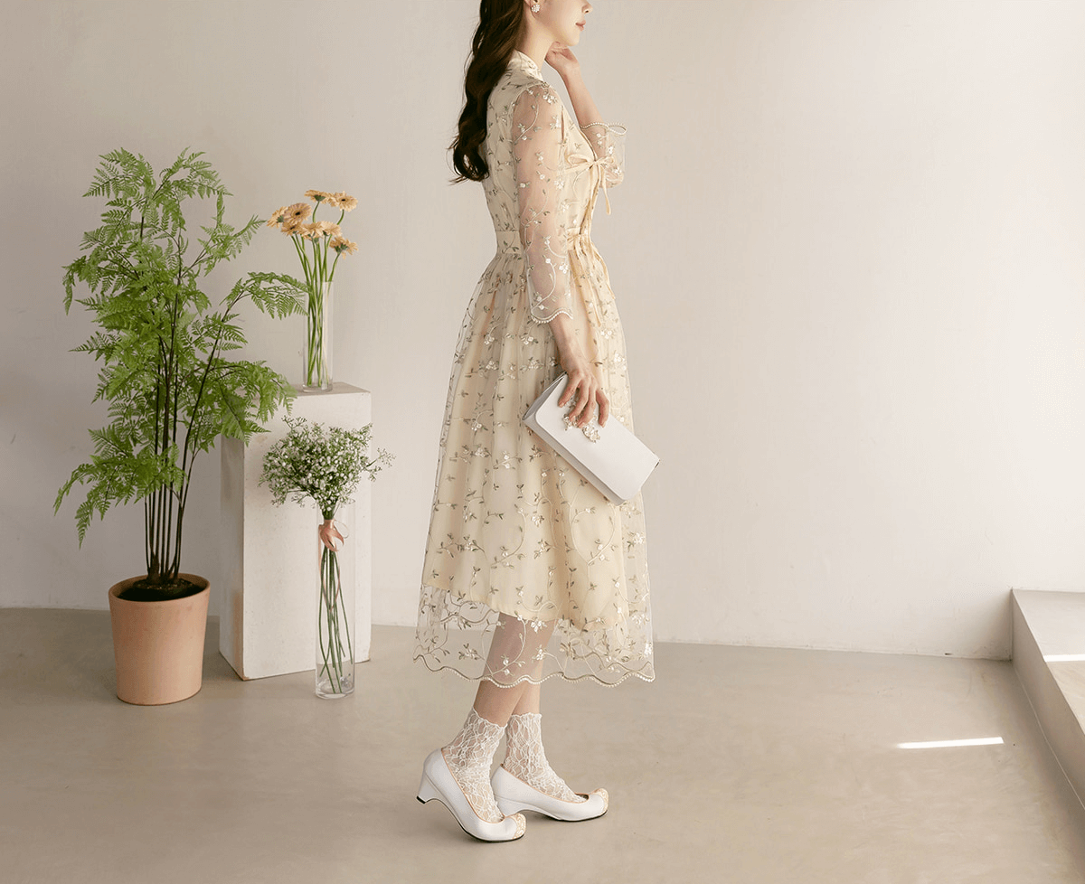 Floral Embroidered Lace Modern Wrap Hanbok Dress with a Romantic Touch