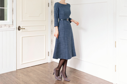 Feminine Boat Neck Blue Tweed Flare Dress with Belt