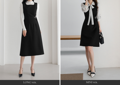 Square‑Neck Sleeveless A-Line Dress with Eyelet Buckle and Belted Waist