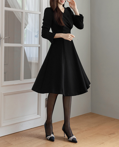 Black Voluminous Draped Flare Dress