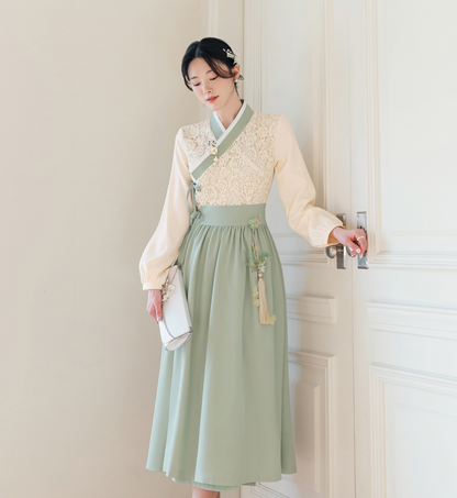 Floral Lace Wrap Modern Hanbok Dress in Green and Blue