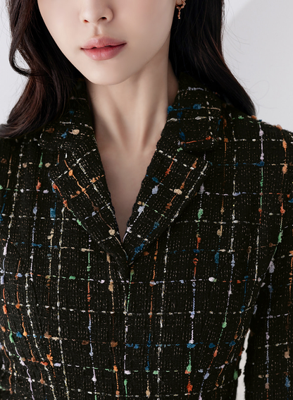 Elegant Tweed Flare Dress with Belted Waist and Gold‑Thread Detail