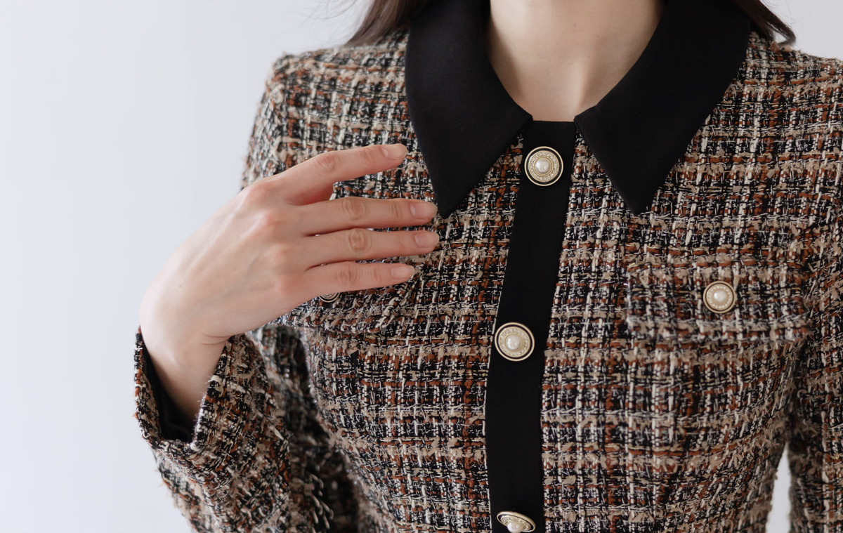 Brown Tweed Fringe Dress with Black Contrast Details