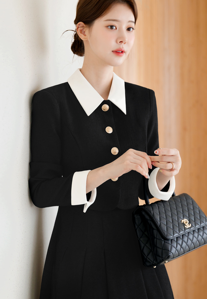 Layered Jacket‑Style Dress with Contrast Collar & Cuffs