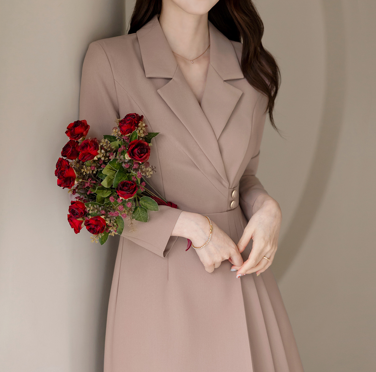 Half Pleated Midi Dress with Waist Button Detail – Elegant Korean Formal Dress for Special Occasions