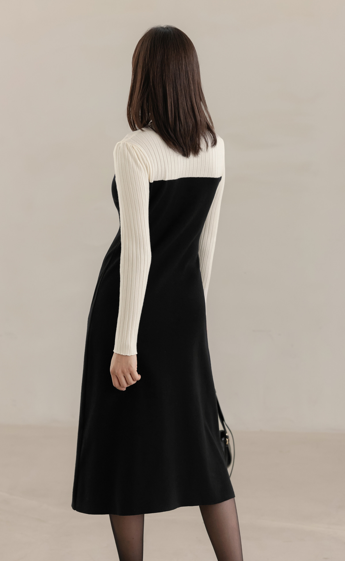 Ivory and Black Color-Blocked Knit Dress