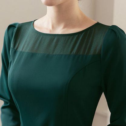 Elegant 3/4 Sleeve Belted Dress with Sheer Neckline Accent