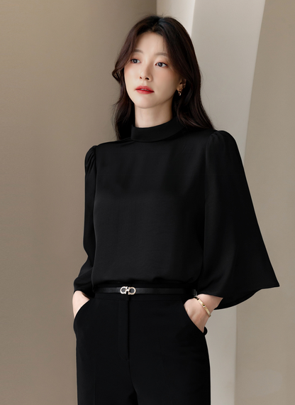 Elegant Mock Neck Blouse with Graceful Wing Sleeves