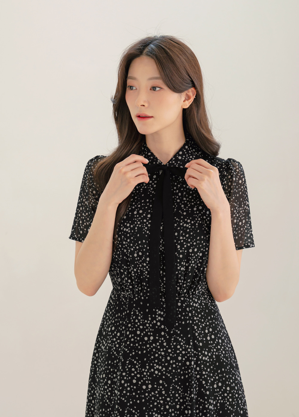 Romantic Chiffon Tie-Neck Dress with Graceful Dot Print