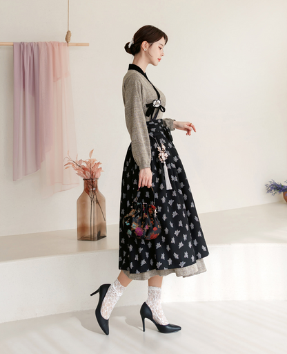 Patterned Black Modern Hanbok Wrap Skirt