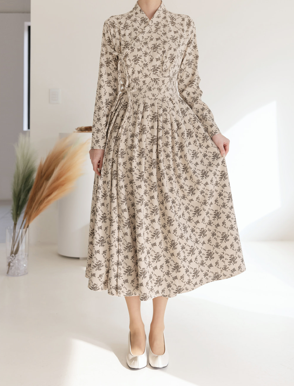 Floral Pattern Corduroy Modern Hanbok Wrap Dress