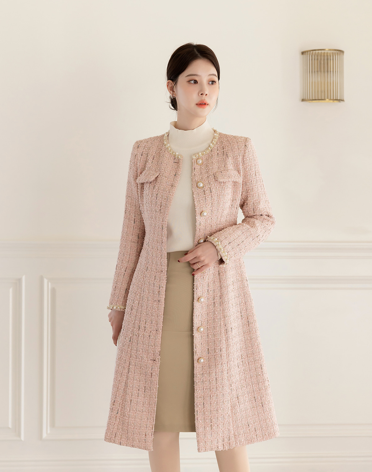 Elegant Long Tweed Jacket with Pearl Trimming