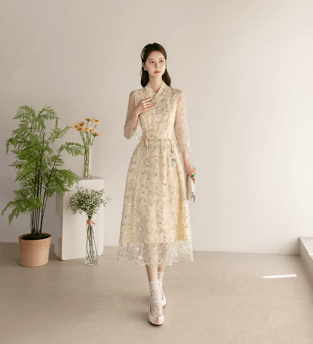 Floral Embroidered Lace Modern Wrap Hanbok Dress with a Romantic Touch