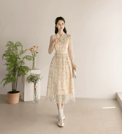 Floral Embroidered Lace Modern Wrap Hanbok Dress with a Romantic Touch