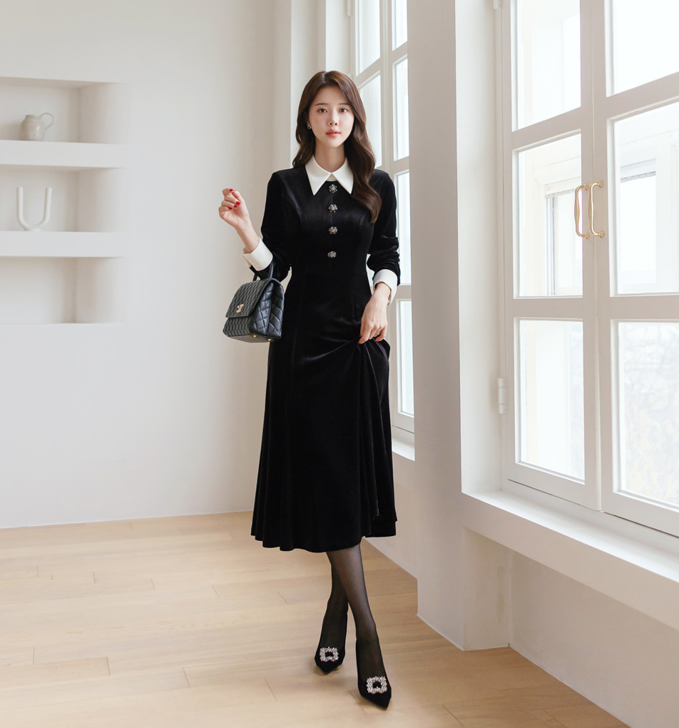 Velvet Flare Dress with Jewelry Buttons, White Collar & Cuffs