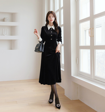 Velvet Flare Dress with Jewelry Buttons, White Collar & Cuffs