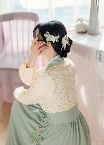 Floral Lace Wrap Modern Hanbok Dress in Green and Blue