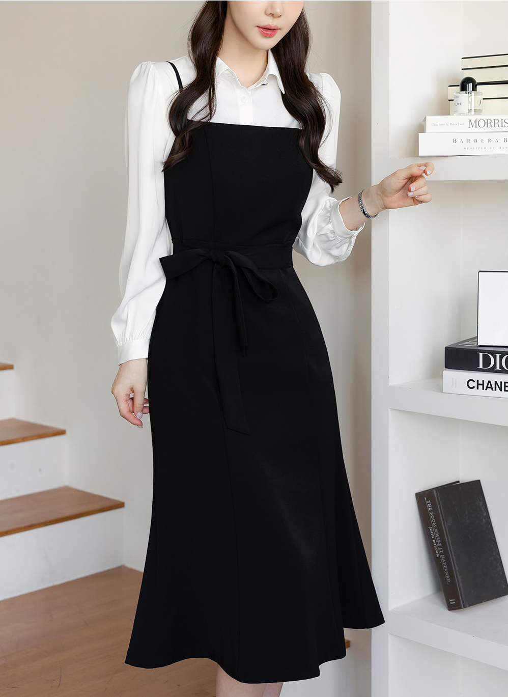 Fit-and-Flare Dress with Slim Straps, Structured Bodice, and Waist Belt