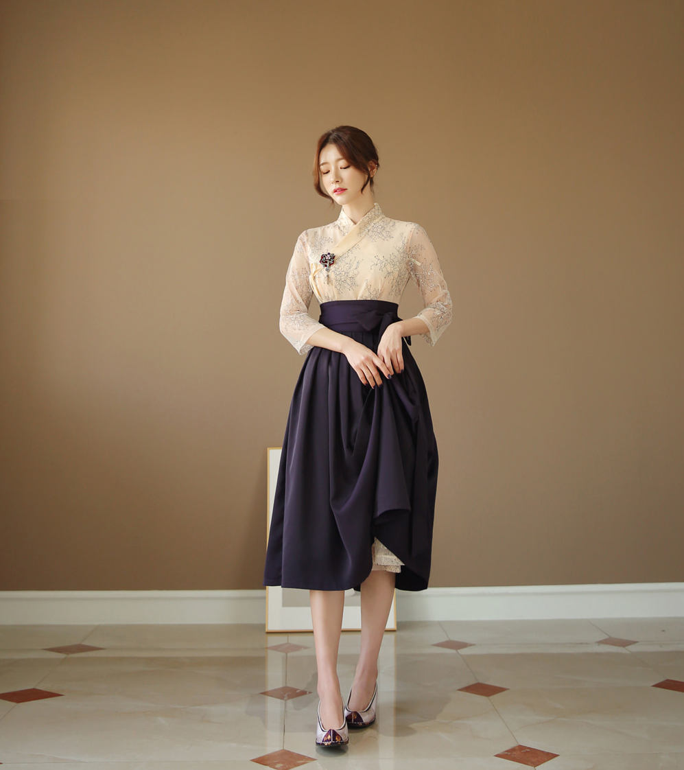 Feminine Floral Lace Modern Hanbok Wrap Dress