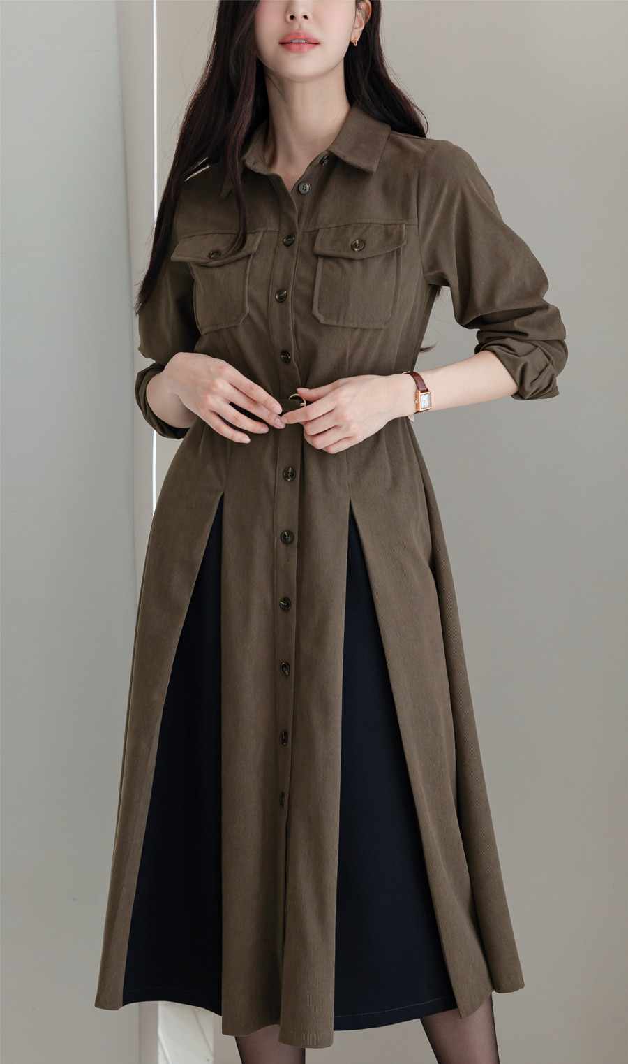 Corduroy A-Line Shirt Dress with Pin-Tuck and Contrast Details