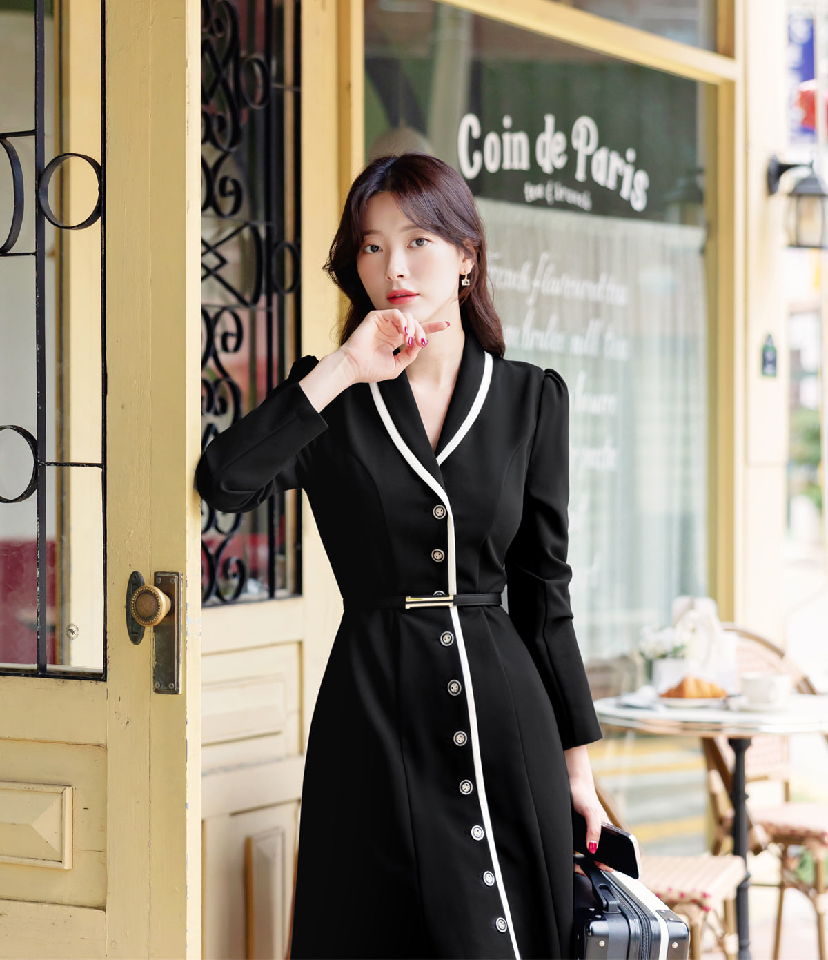 Flare Dress with Small Shawl Collar, Contrast Trim, and Button-Front Closure