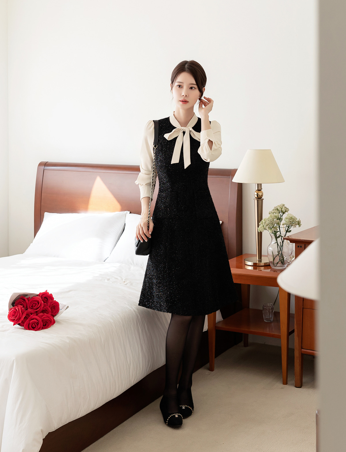 Feminine Tie-neck Layered Tweed Dress