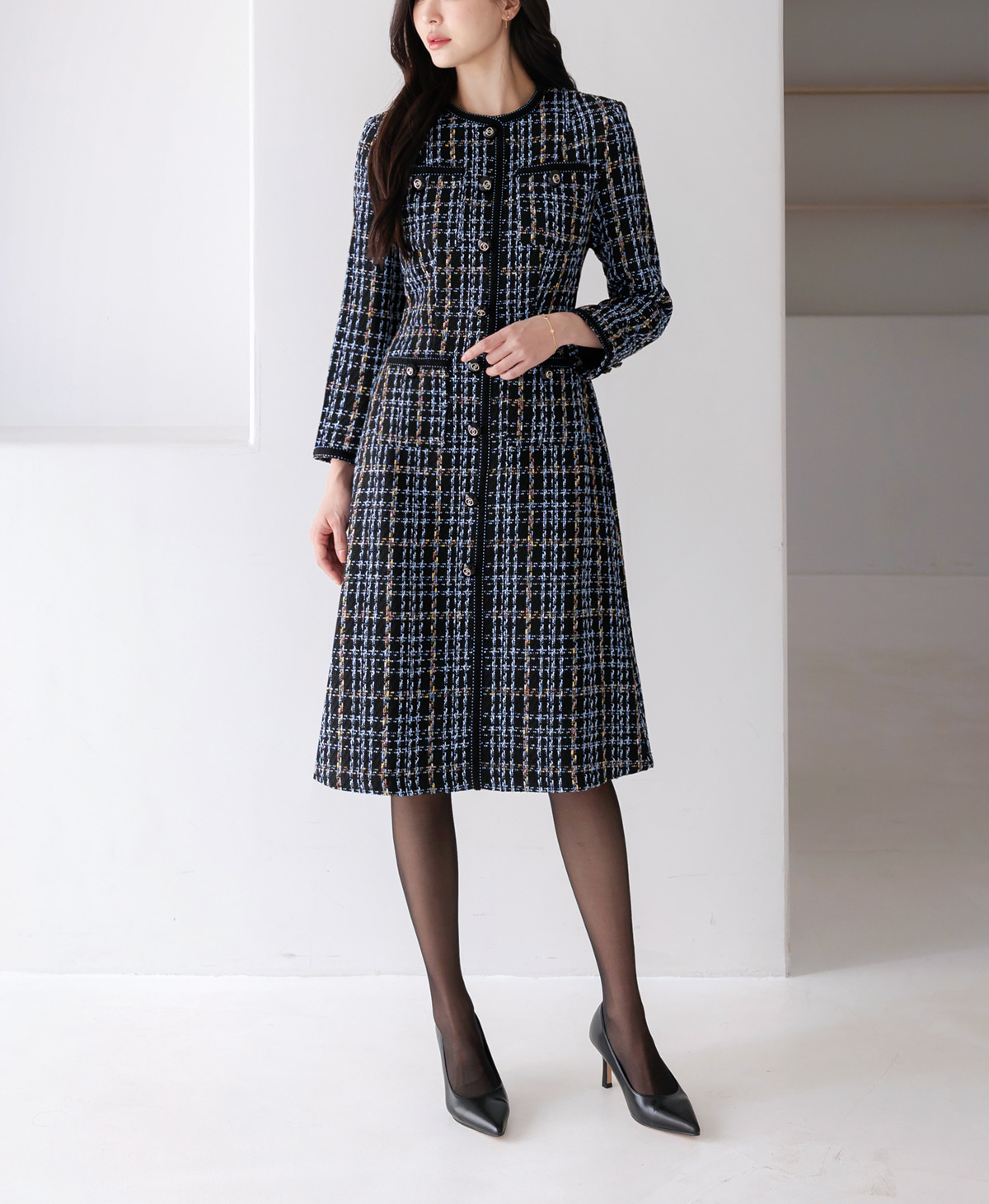 Elegant Contrast Tweed Dress Black