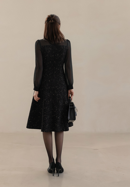 Elegant Tweed Dress with Sheer Tie-Neck Overlay