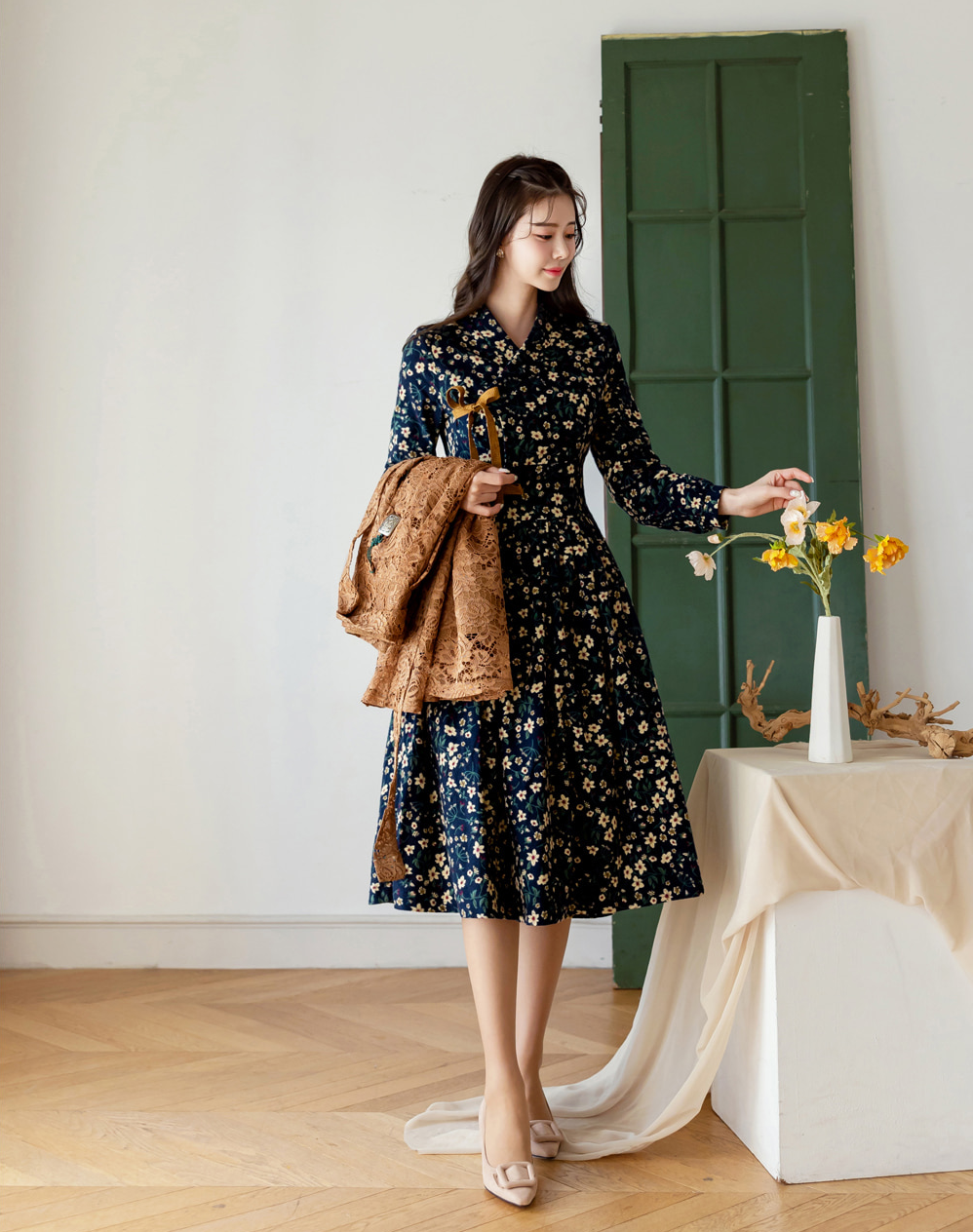 Brushed Fleece Modern Hanbok Wrap Dress with All-Over Small Floral Print