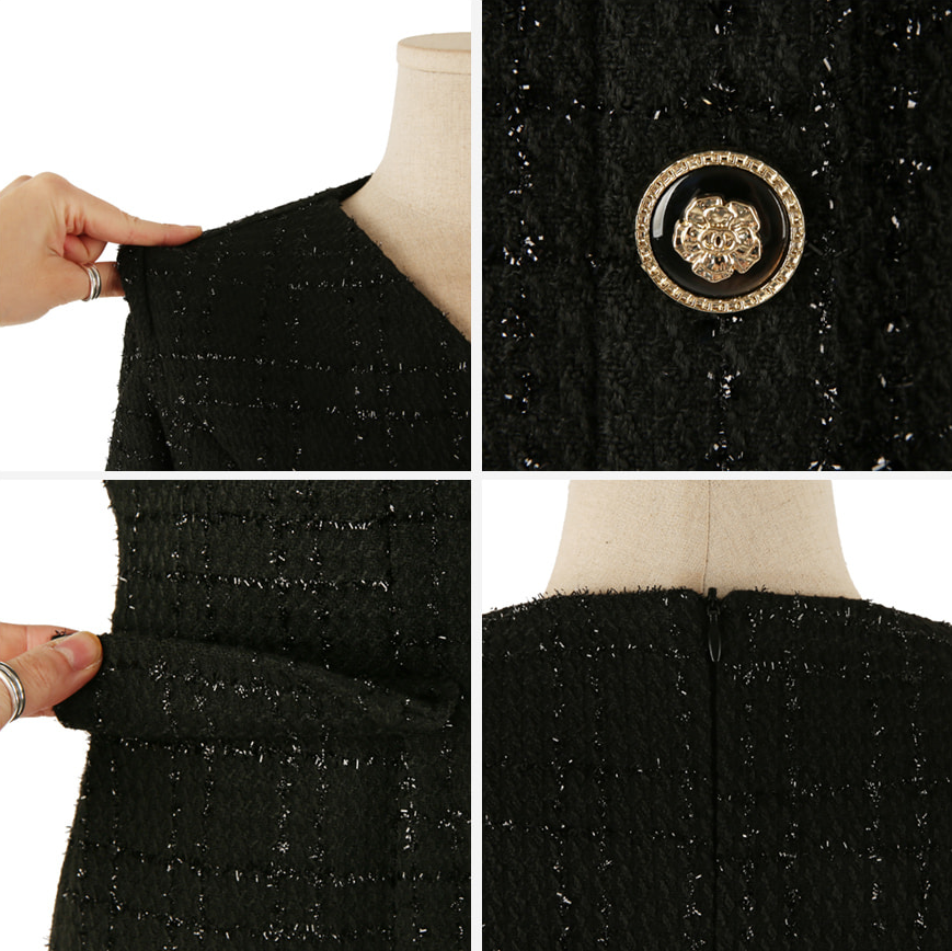 Pearl-Mix Tweed A-Line Dress with V-Neck and Decorative Flap Pockets